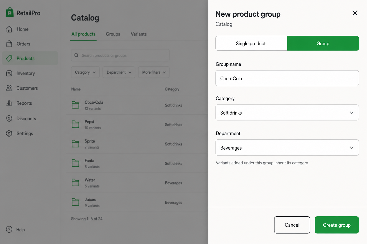New product group drawer with Group selected, group name Coca-Cola, Soft drinks category, and Create group button