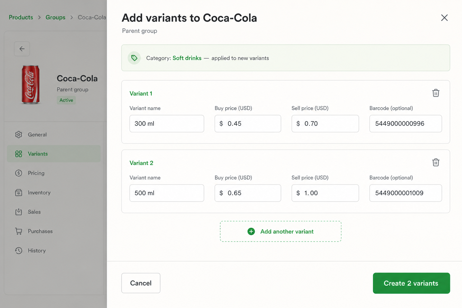 Add variants drawer for Coca-Cola showing 300 ml and 500 ml rows with prices and Create 2 variants